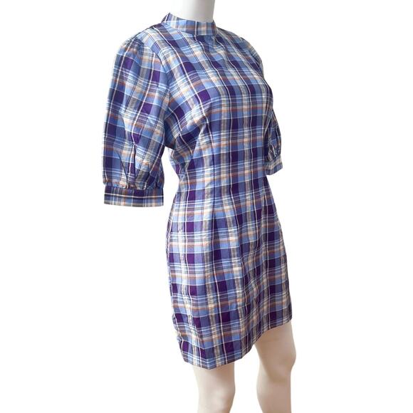 LULUS Wendie Purple Blue Multi Plaid Puff Sleeve Mini Dress S - Picture 2 of 7